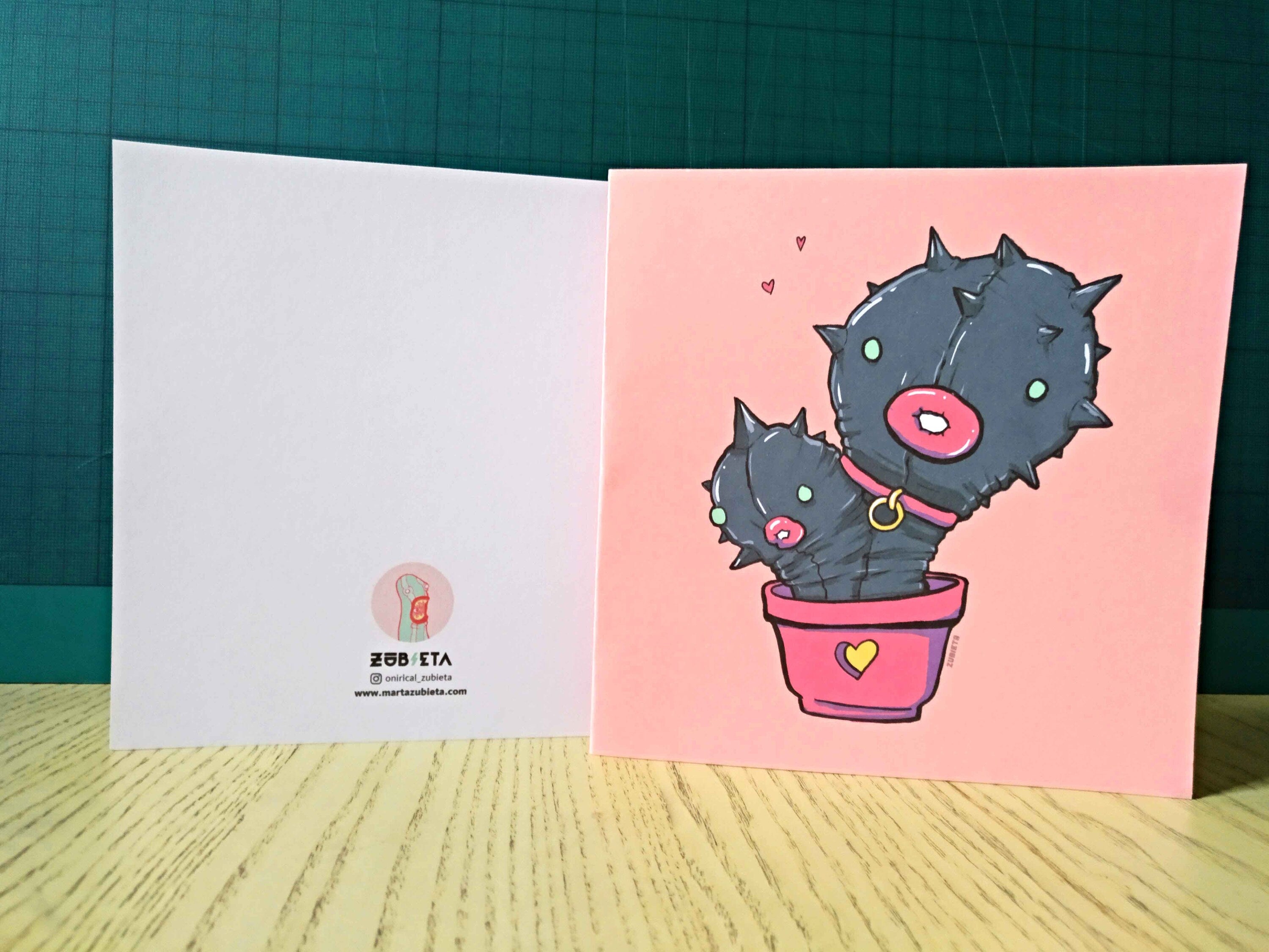 Cactus Fetish greeting card featuring quirky cactus illustration, eco-friendly envelope, and vibrant colors.