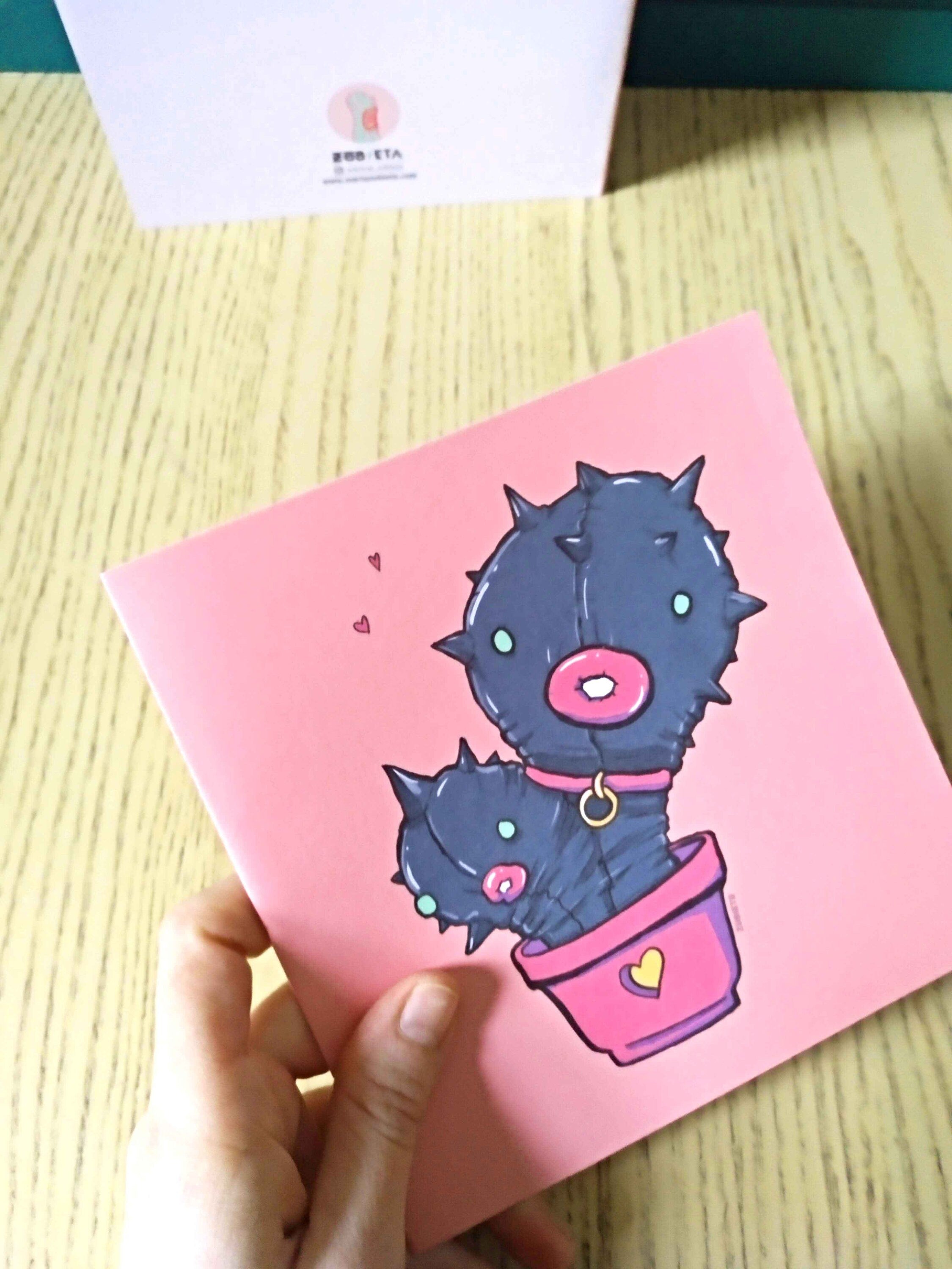 Cactus Fetish greeting card featuring quirky cactus illustration, eco-friendly envelope, and vibrant colors.