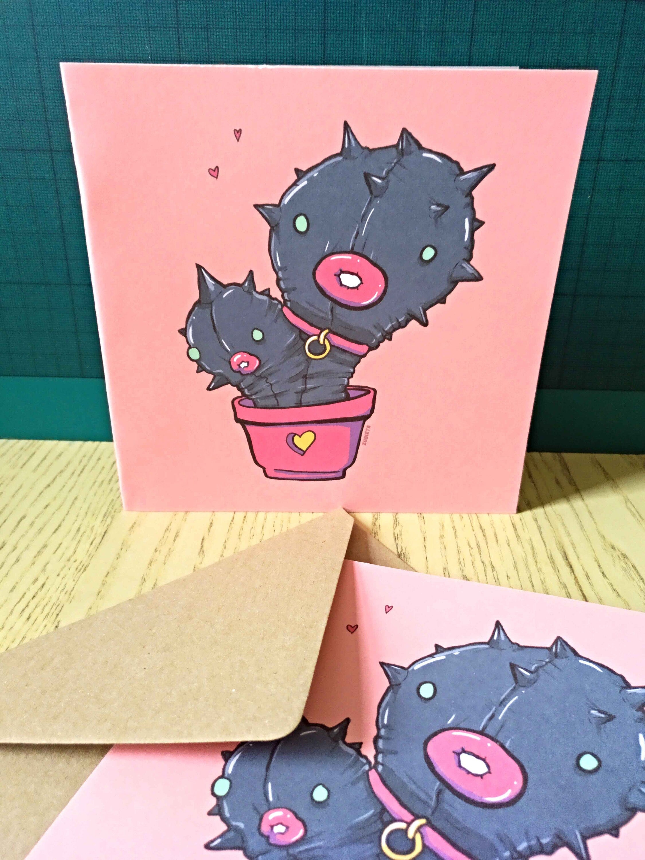 Cactus Fetish greeting card featuring quirky cactus illustration, eco-friendly envelope, and vibrant colors.