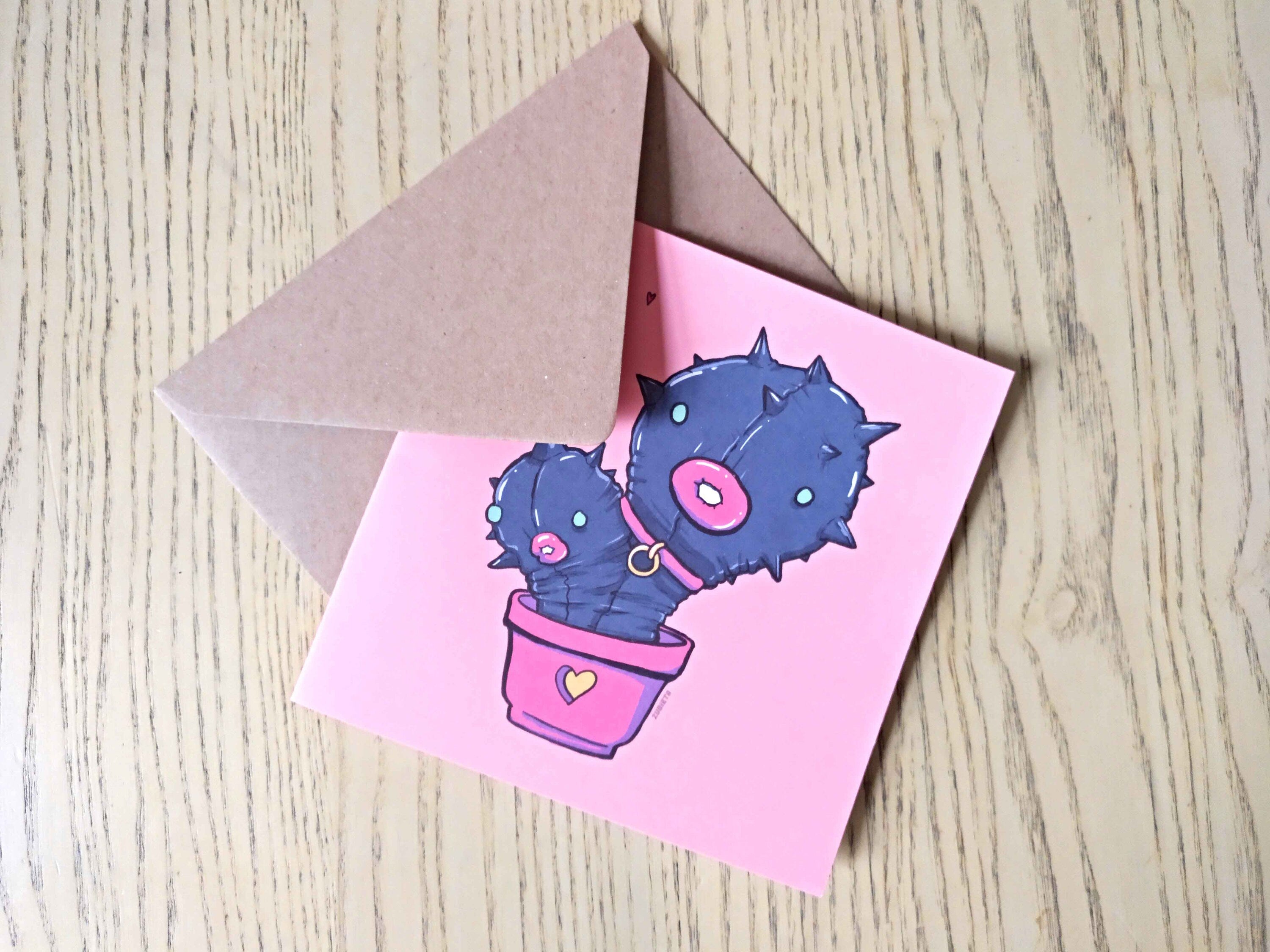 Cactus Fetish greeting card featuring quirky cactus illustration, eco-friendly envelope, and vibrant colors.