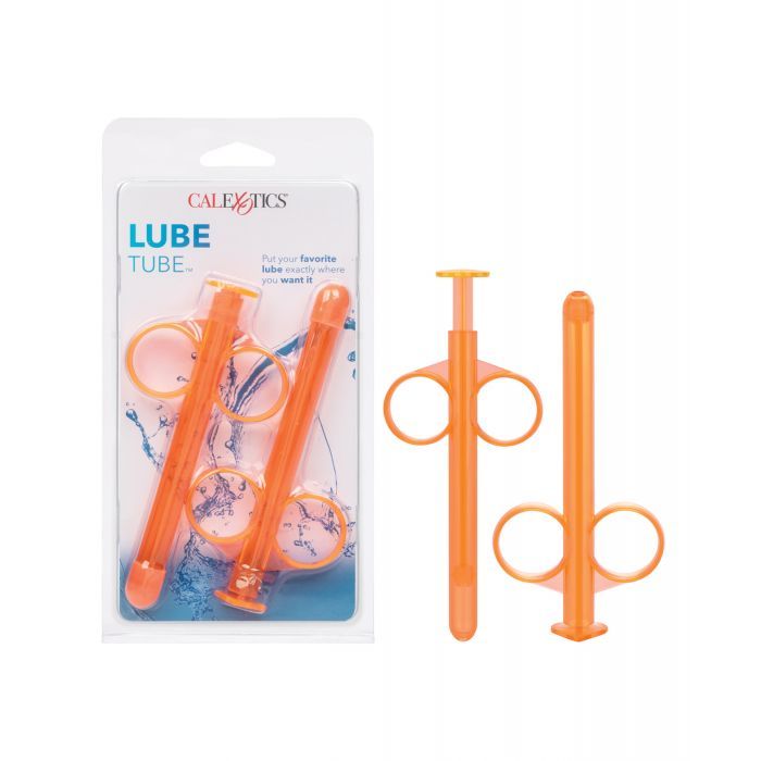 CalExotics Lube Tube Orange, a reusable lubricant dispenser with a slim shaft and rounded tip for precise application.