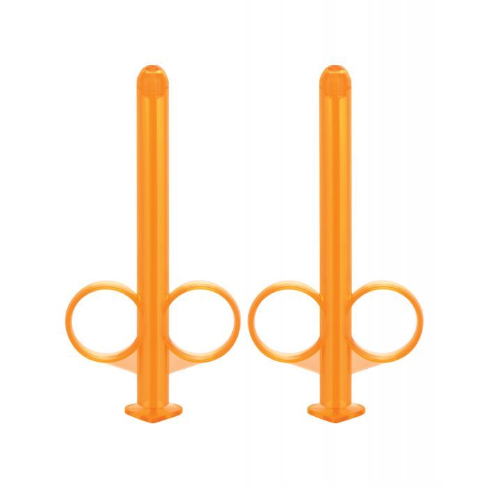 CalExotics Lube Tube Orange, a reusable lubricant dispenser with a slim shaft and rounded tip for precise application.