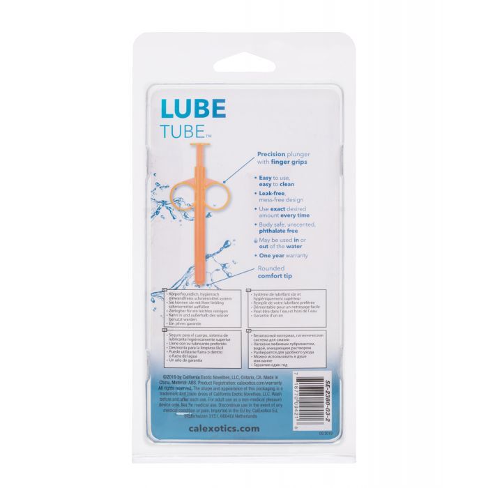 CalExotics Lube Tube Orange, a reusable lubricant dispenser with a slim shaft and rounded tip for precise application.