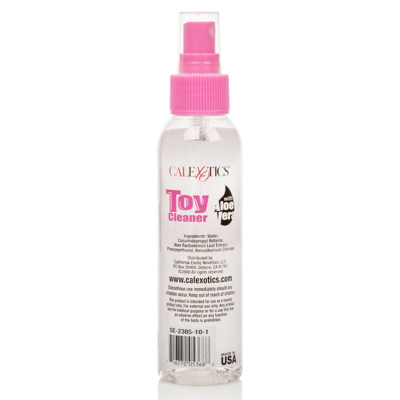 CalExotics Universal Aloe Vera Toy Cleaner in a clear plastic bottle with a pump spray nozzle, designed for intimate toy hygiene.