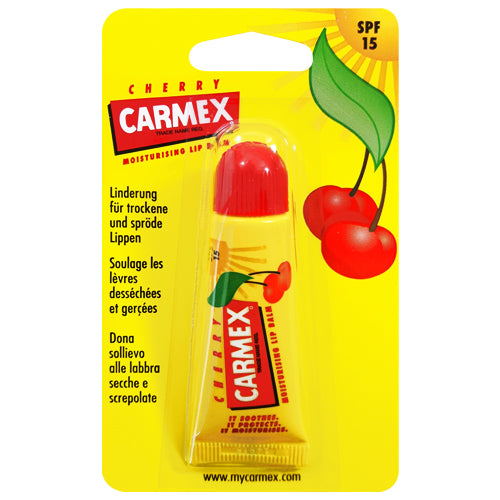 Carmex Cherry Lip Balm Tube 10g with a vibrant cherry flavor, perfect for moisturizing and protecting lips.