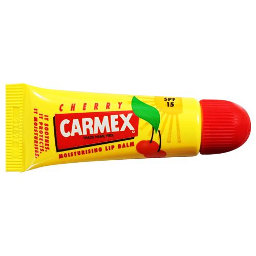 Carmex Cherry Lip Balm Tube 10g with a vibrant cherry flavor, perfect for moisturizing and protecting lips.