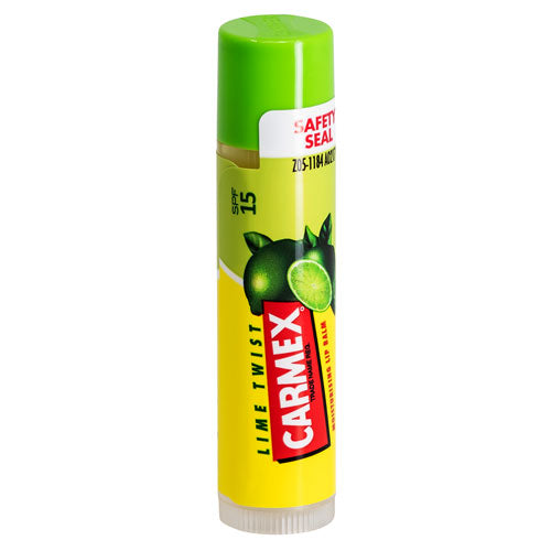 Carmex Lime Twist lip balm in a 4.25g tube with a refreshing lime scent, designed for hydration and sun protection.