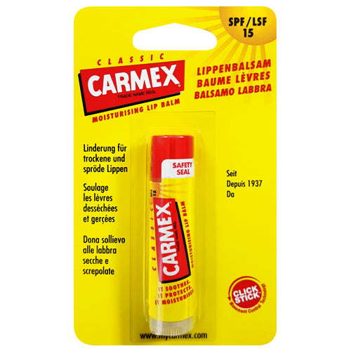 Carmex Lip Balm Click Stick 4.25g in a convenient packaging, showcasing its smooth application and cooling effect.