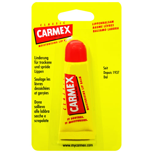 Carmex Lip Balm Tube 10g in a convenient squeeze tube, showcasing its sleek design and branding.