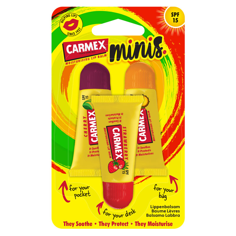 Carmex Minis 3 Sampler Tubes featuring cherry, strawberry, and pineapple mint flavors in compact squeeze tubes.