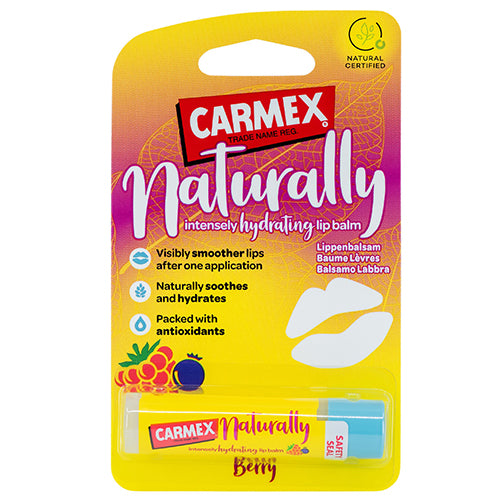 Carmex Naturally Berry Lip Balm 4.25g tube with vibrant berry design, showcasing its moisturizing properties.