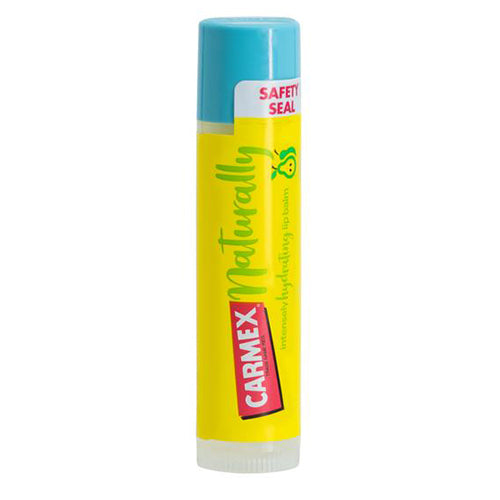 Carmex Naturally Pear Lip Balm in a stick form, showcasing its packaging and pear flavor.