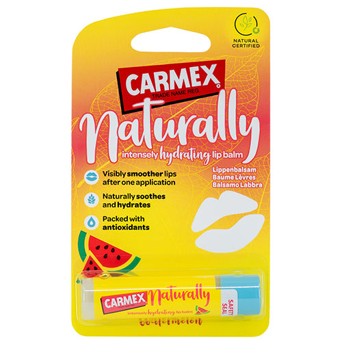 Carmex Naturally Watermelon Lip Balm in a 4.25g tube, featuring a vibrant watermelon design and a smooth texture.