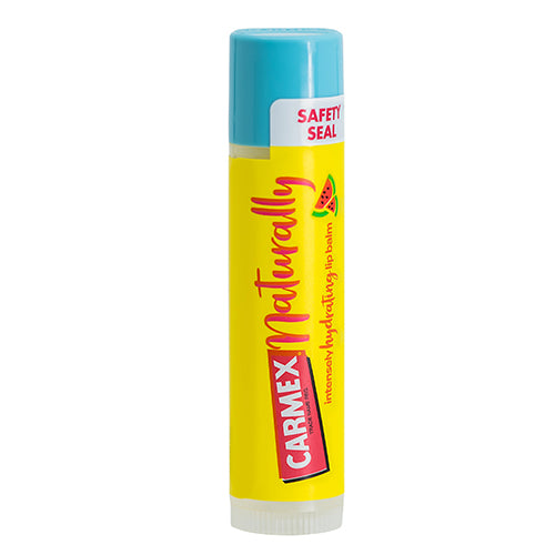 Carmex Naturally Watermelon Lip Balm in a 4.25g tube, featuring a vibrant watermelon design and a smooth texture.