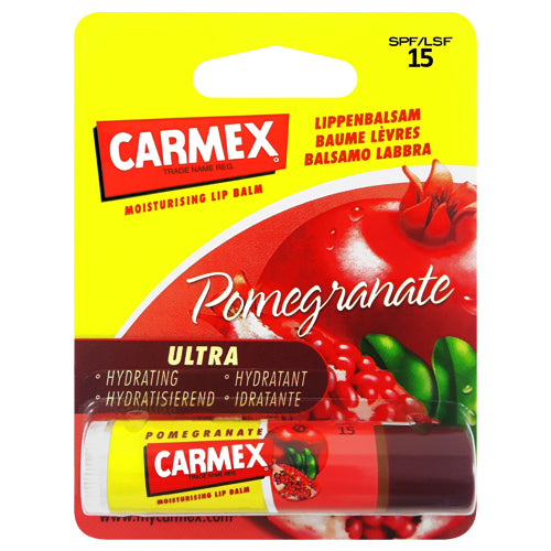 Carmex Pomegranate Lip Balm in a click stick format, showcasing its vibrant packaging and easy-to-use design.