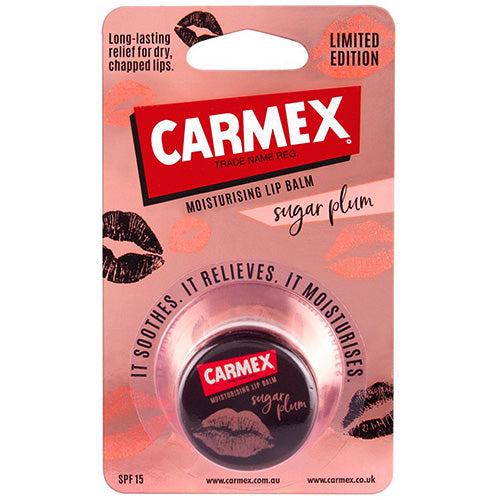 Carmex Rose Gold Sugar Plum Lip Balm in a sleek container, showcasing its luxurious design and vibrant color.