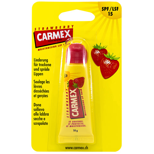 Carmex Strawberry lip balm in a 10g container, featuring a vibrant strawberry design and a protective cap.