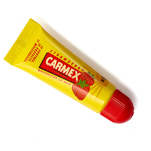 Carmex Strawberry lip balm in a 10g container, featuring a vibrant strawberry design and a protective cap.