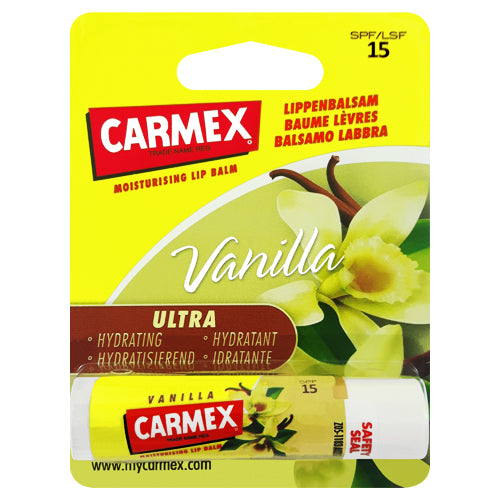 Carmex Vanilla Lip Balm in a 4.25ml tube, showcasing its sleek design and vanilla flavor.