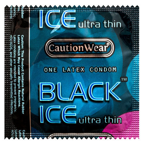 Caution Wear Black Ice condoms in packaging, showcasing their sleek and transparent design, ideal for a natural feel.