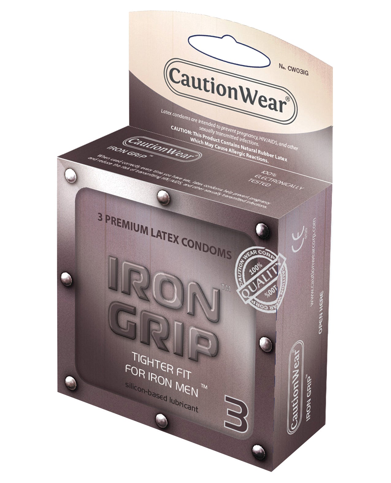 Caution Wear Iron Grip Box 3 condoms featuring a snug fit design and ultra-smooth silicone lubrication for enhanced comfort.