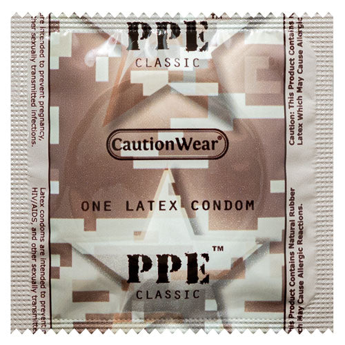 Caution Wear PPE Classic condom package featuring a sleek design, showcasing the brand name and product details.