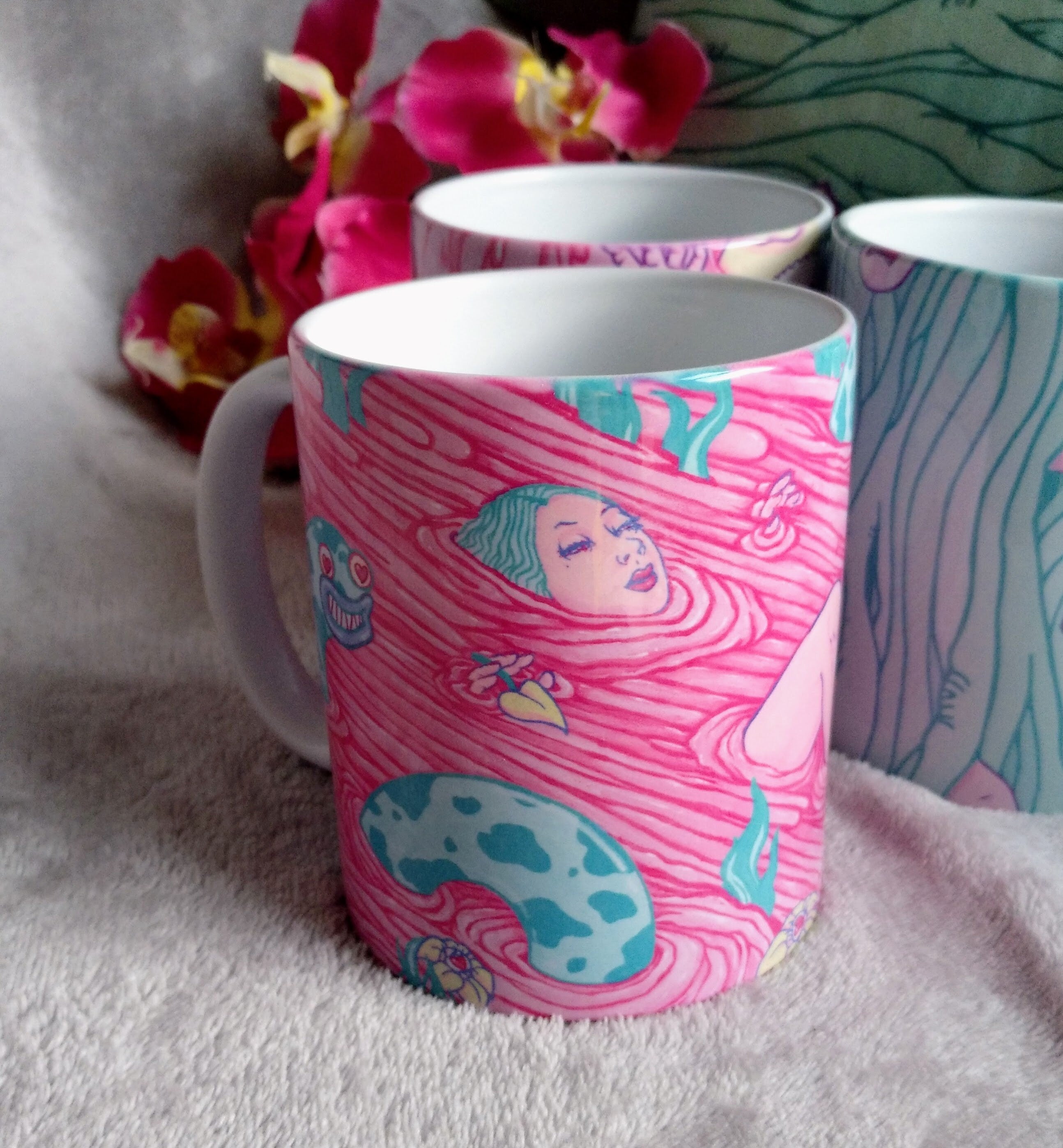 Ceramic Mug La Petite Mort featuring vibrant mixed media artwork, perfect for daily use.