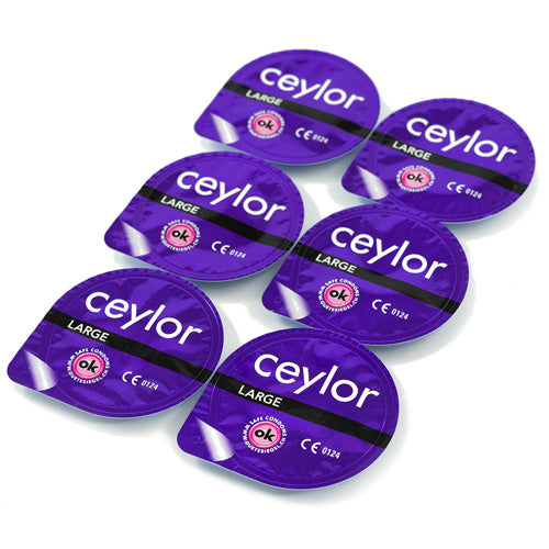 Ceylor Large condom in buttercup packaging, showcasing its extra wide opening and smooth texture.