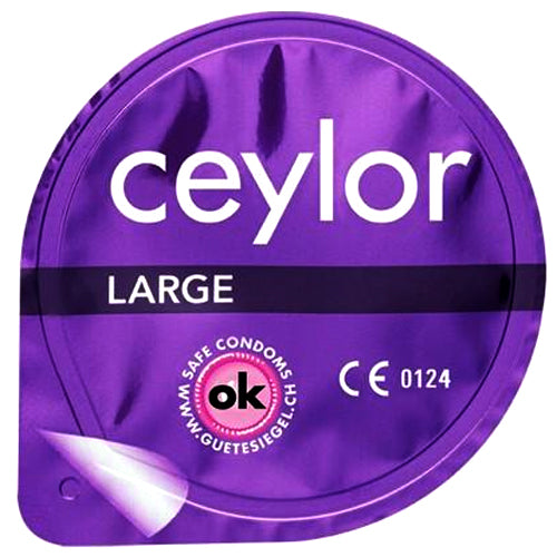 Ceylor Large condom in buttercup packaging, showcasing its extra wide opening and smooth texture.