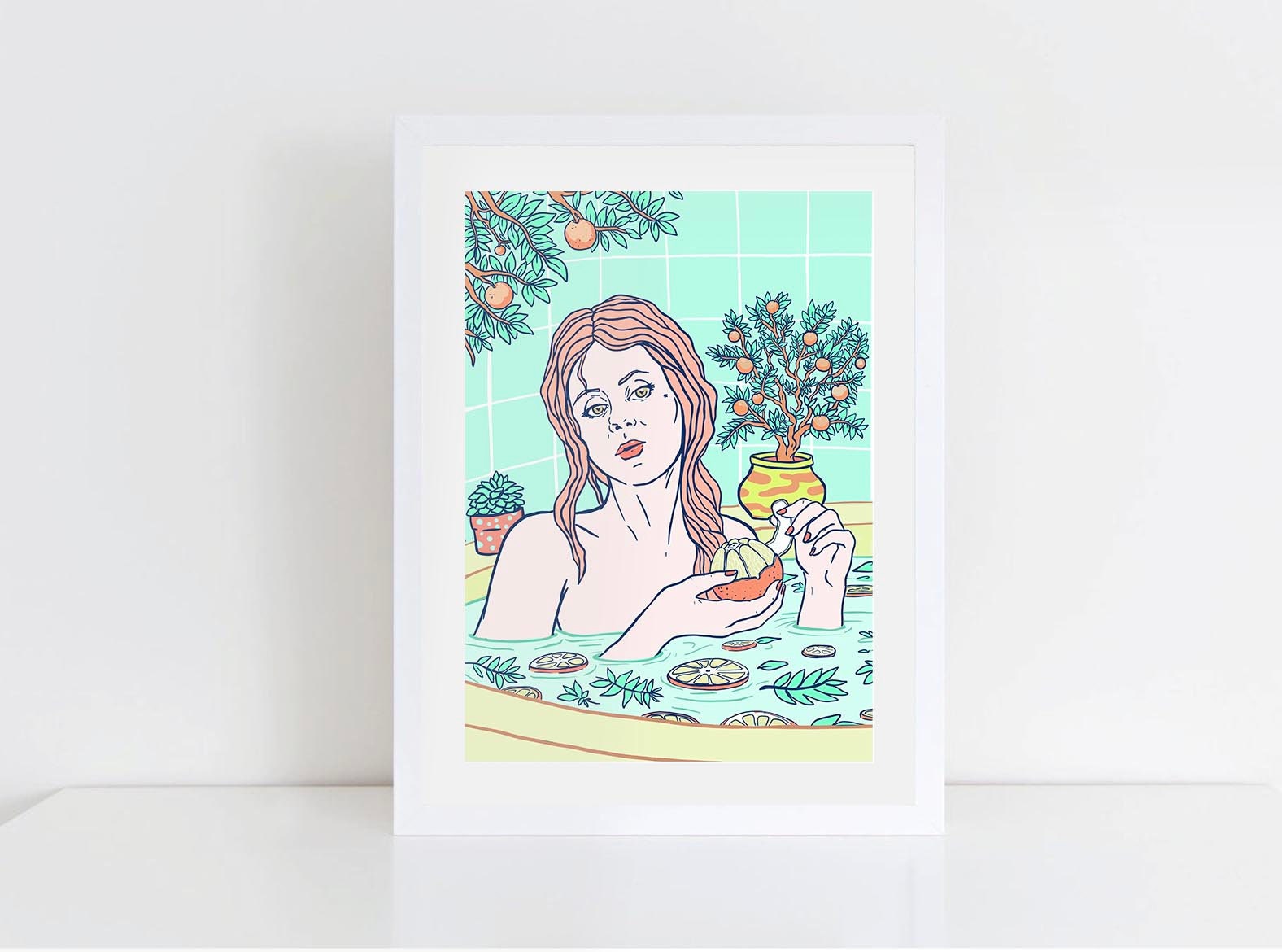 Citrus Bath and Seville Oranges limited edition art print, featuring vibrant colors and a serene design, hand-signed by the artist.