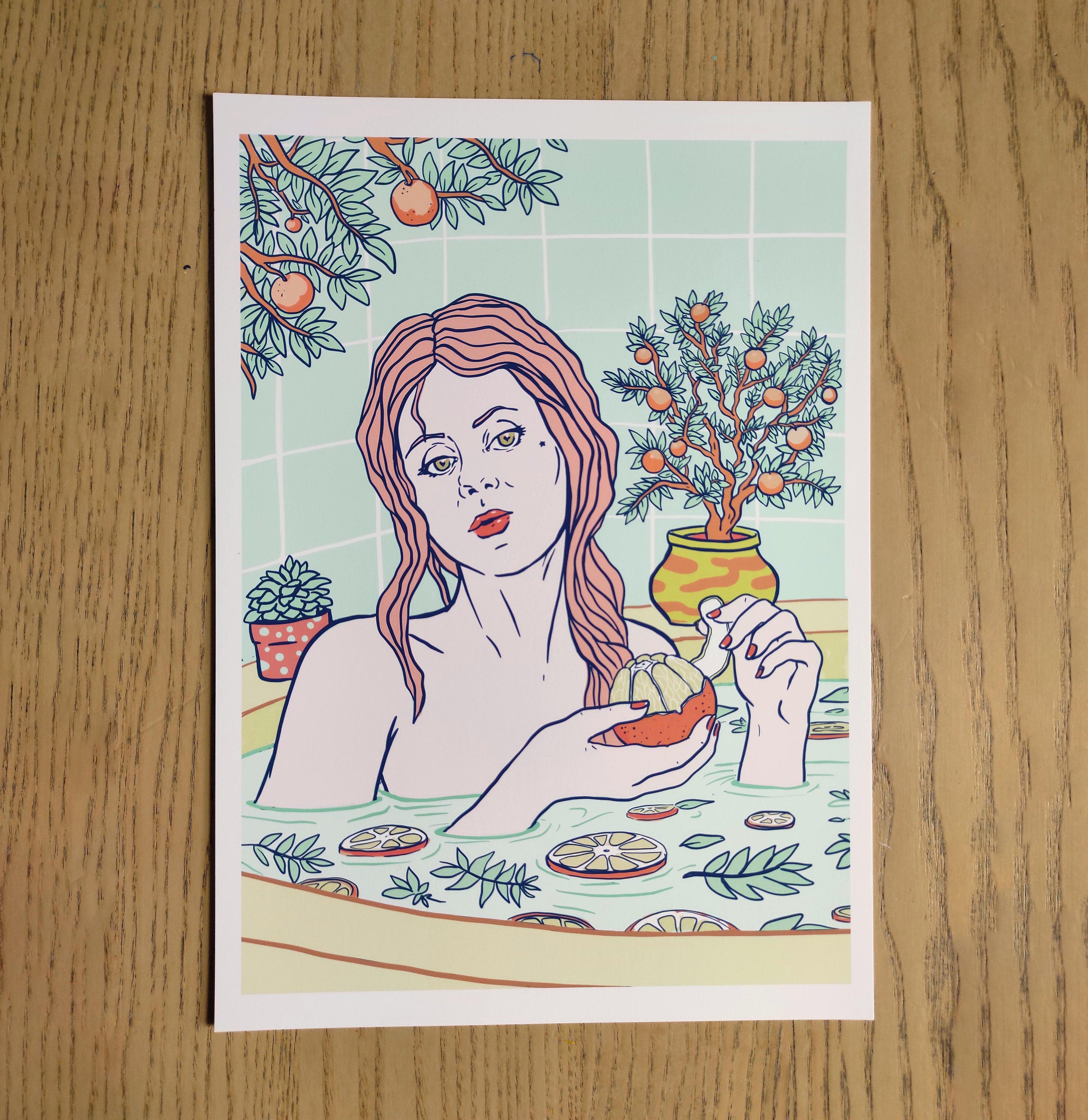 Citrus Bath and Seville Oranges limited edition art print, featuring vibrant colors and a serene design, hand-signed by the artist.