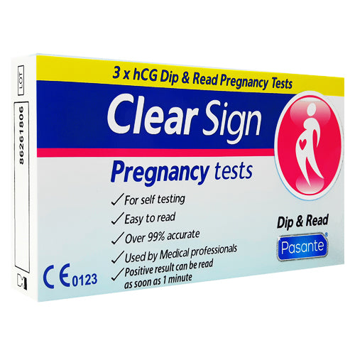 Pasante Clear Sign Pregnancy Test Dip & Read Box containing three pregnancy test strips for accurate results.