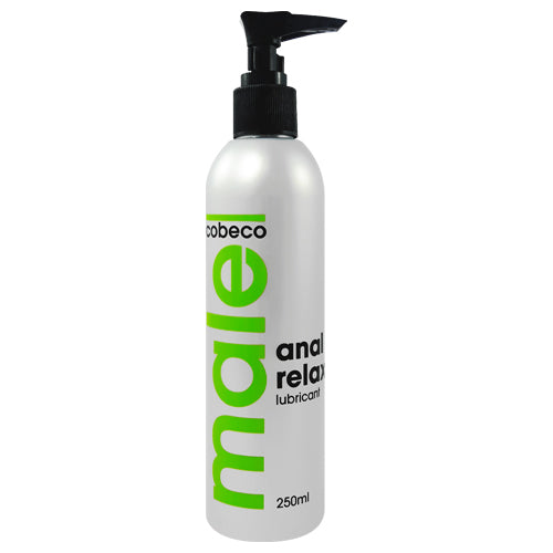 Cobeco Male Anal Relax 250ml water-soluble personal lubricant bottle with a sleek design, ideal for enhancing anal and penile intercourse.