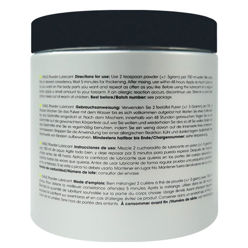 Cobeco Male Powder 225g packaging with a sleek design, showcasing the product's branding and usage instructions.