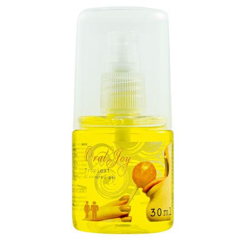 Cobeco Oral Joy Tropical Flavored Gel 30ml bottle with tropical fruit design, perfect for enhancing oral pleasure.