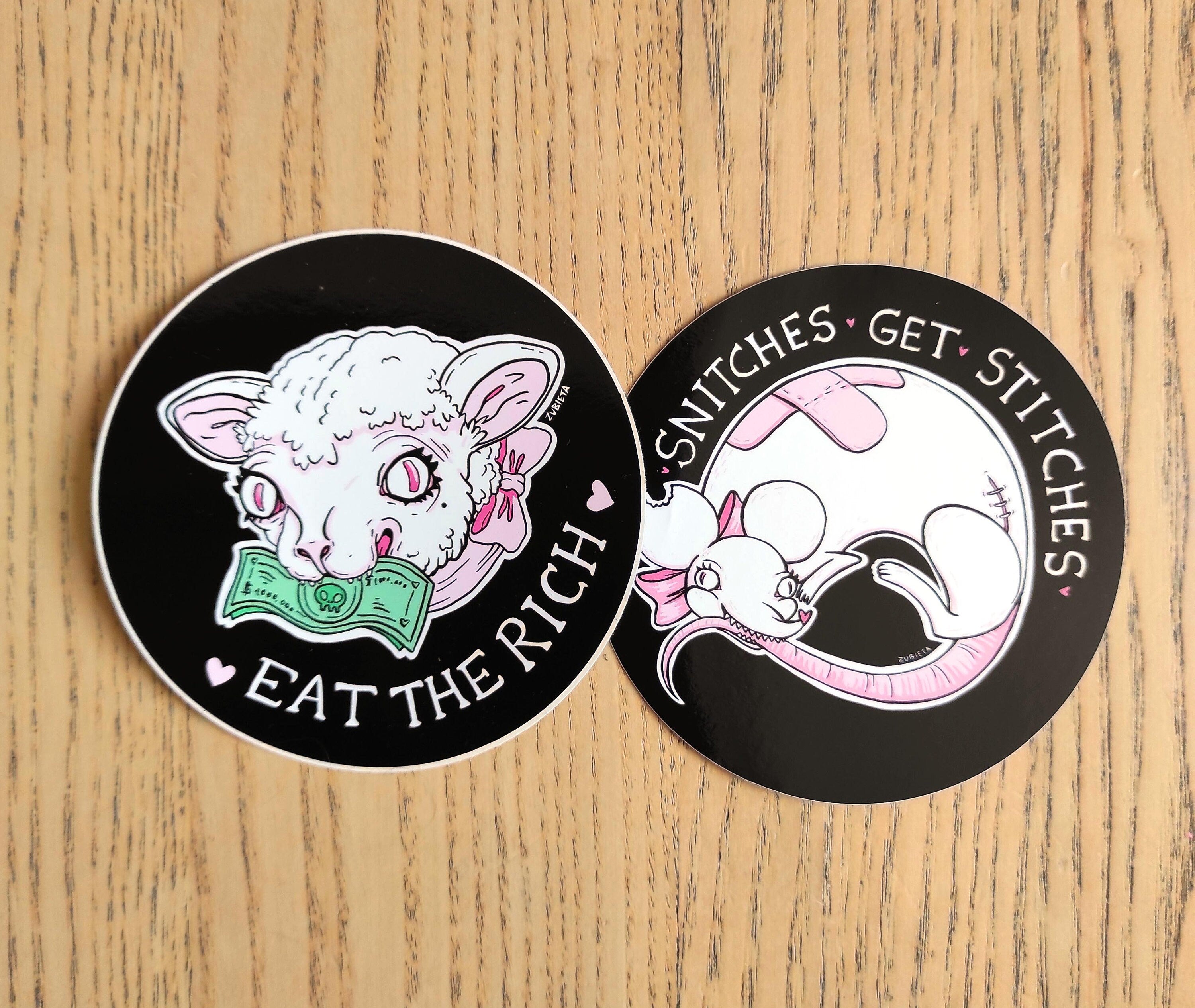 Cute Evil Sticker Pack featuring 'Eat the Rich' and 'Snitches Get Stitches' designs on high-quality vinyl.