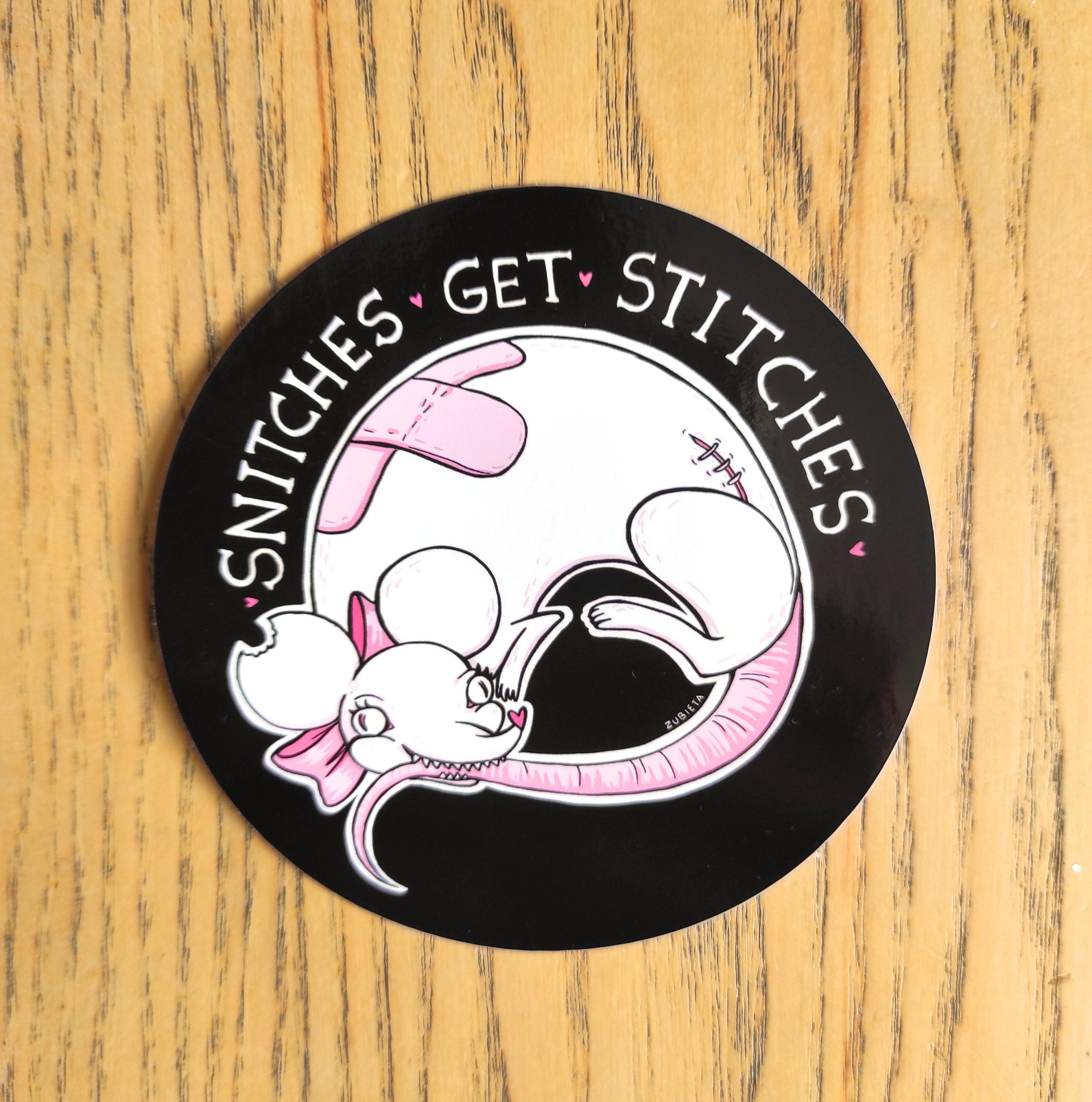 Cute Evil Sticker Pack featuring 'Eat the Rich' and 'Snitches Get Stitches' designs on high-quality vinyl.