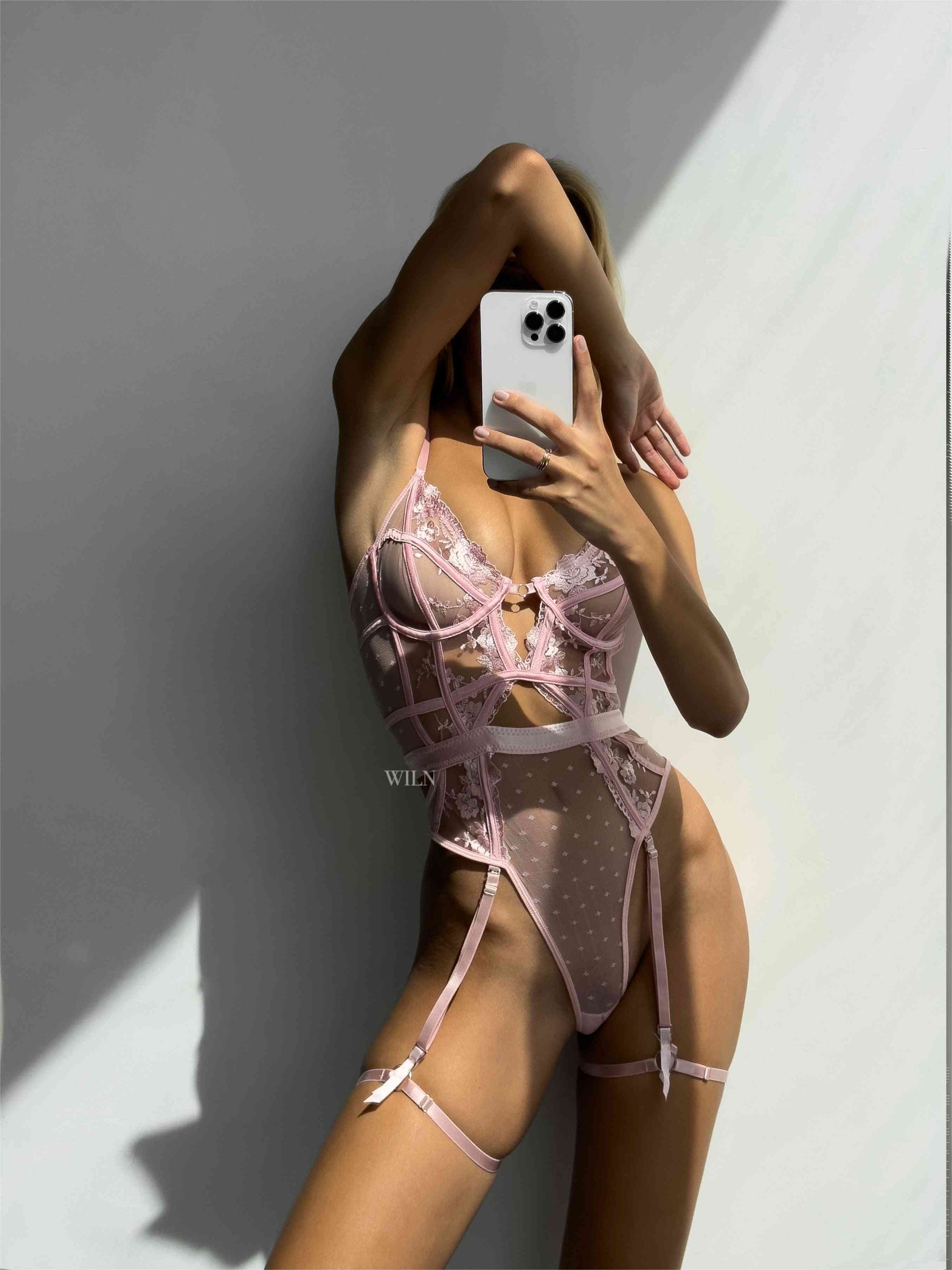 DEVOTION Soft Pink Teddy Body Piece featuring delicate floral embroidery and sheer peach outline, perfect for romantic occasions.