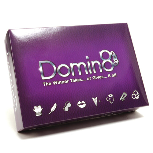 Domin8 Adults Game featuring erotic domino tiles and scenario cards for couples.