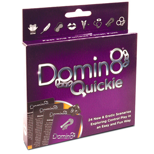 Domin8 Quickie Adults Game box featuring erotic scenarios for couples, designed for intimate role play and sensual exploration.