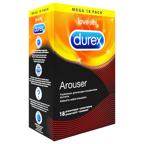 Durex Arouser Box 18 featuring ribbed condoms for enhanced pleasure, made from natural rubber latex.