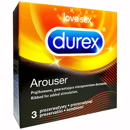 Durex Arouser Box 3 featuring ribbed condoms for enhanced pleasure, made from natural rubber latex.