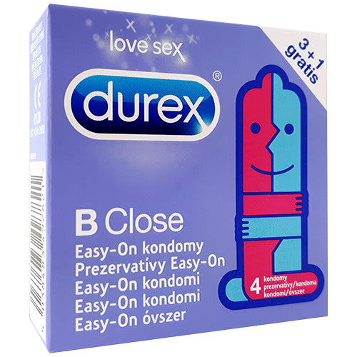 Durex B Close Box 4 featuring transparent, snug-fit condoms made from natural rubber latex, designed for enhanced comfort and confidence.