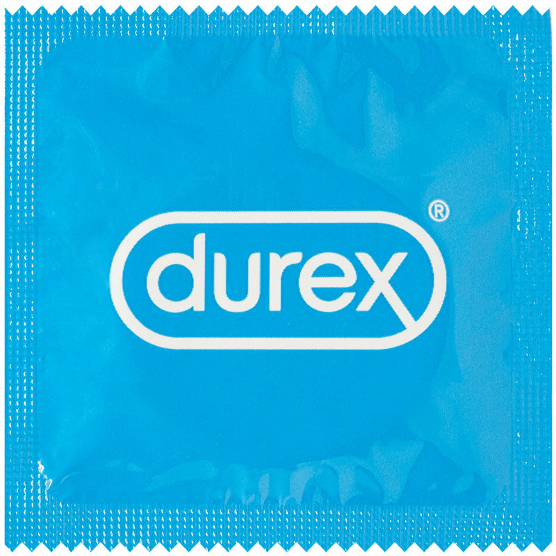 Durex Basic condoms in a transparent packaging, showcasing their natural rubber latex material and teat-ended design.