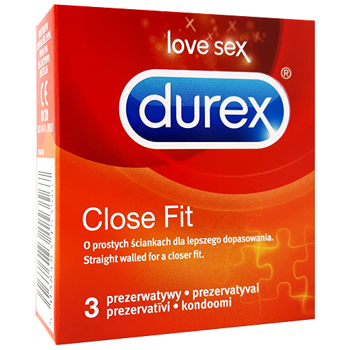 Durex Close Fit Box 3 featuring snug-fit natural rubber latex condoms, transparent and smooth for enhanced intimacy.