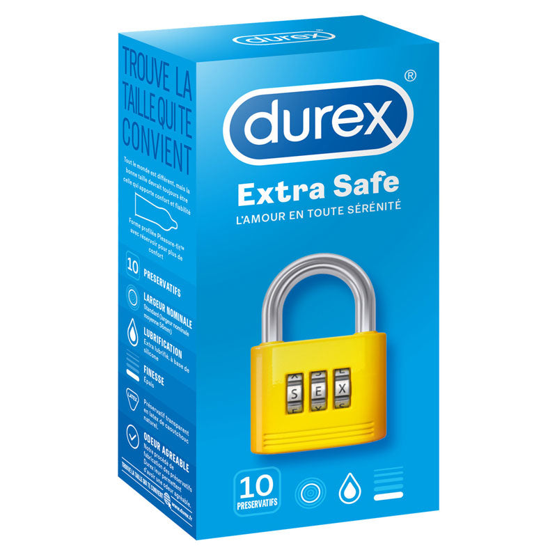 Durex Extra Safe Box 10 featuring transparent, teat-ended natural rubber latex condoms, designed for extra safety and comfort.