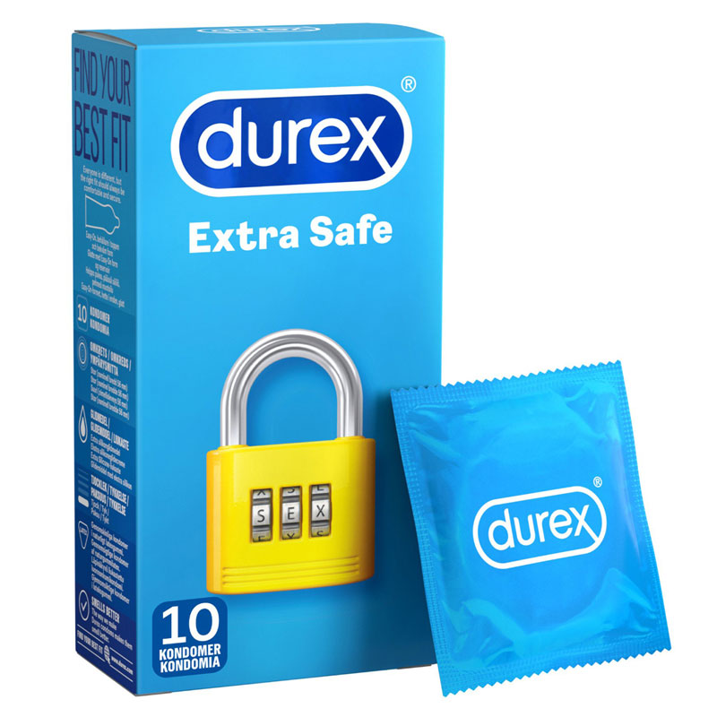 Durex Extra Safe Box 10 featuring transparent, teat-ended natural rubber latex condoms, designed for extra safety and comfort.