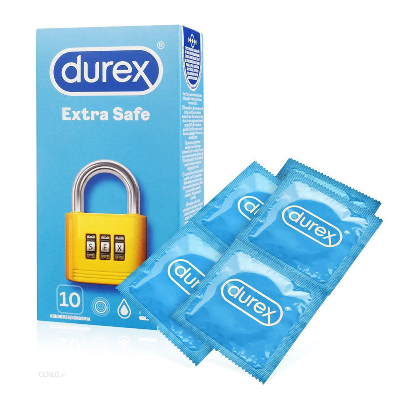 Durex Extra Safe Box 10 featuring transparent, teat-ended natural rubber latex condoms, designed for extra safety and comfort.