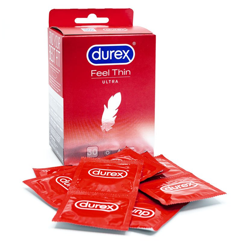 Durex Feel Thin Ultra Box 30 condoms, featuring transparent, ultra-thin natural rubber latex for enhanced sensitivity and comfort.