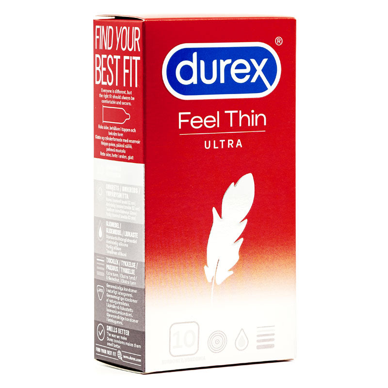 Durex Feel Ultra Thin Box of 10 condoms, featuring transparent, ultra-thin natural rubber latex condoms designed for enhanced sensitivity.